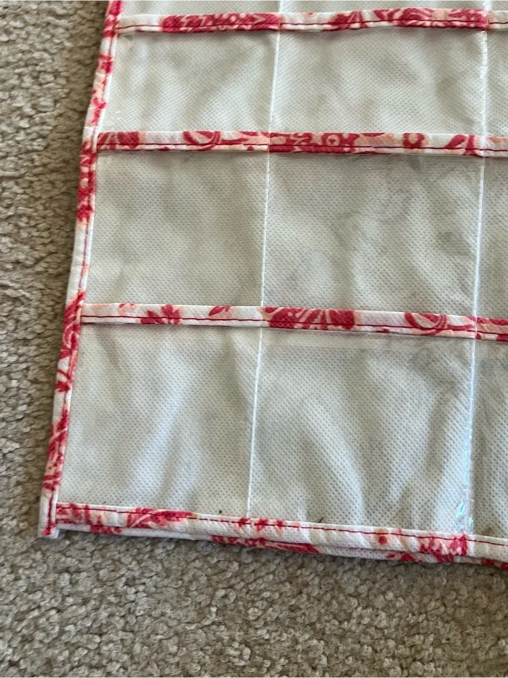 Hanging Pink Floral Trim Jewelry Organizer with Clear Pockets